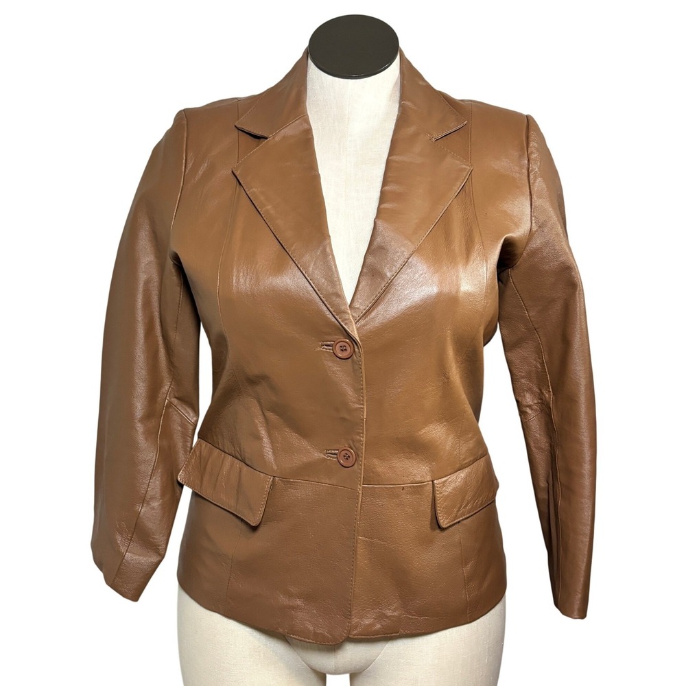 Chadwicks Womens 10P Cognac Brown Leather 2-Button Blazer Jacket